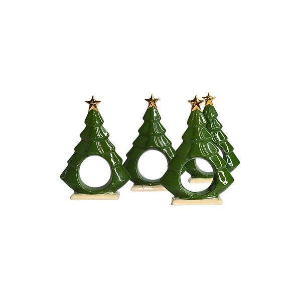 4 Vintage Christmas Tree Ceramic Napkin Rings, Holiday Home and Table Decor - Picture 1 of 9